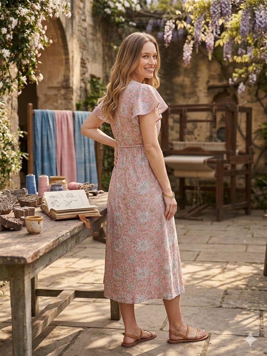 Women’s Pink Jaal Printed Chanderi Umbrella Style A-Line Dress with Drawstring Waist