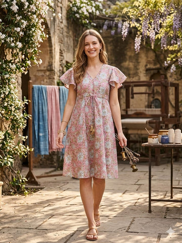 Women’s Pink Jaal Printed Chanderi Umbrella Style A-Line Dress with Drawstring Waist