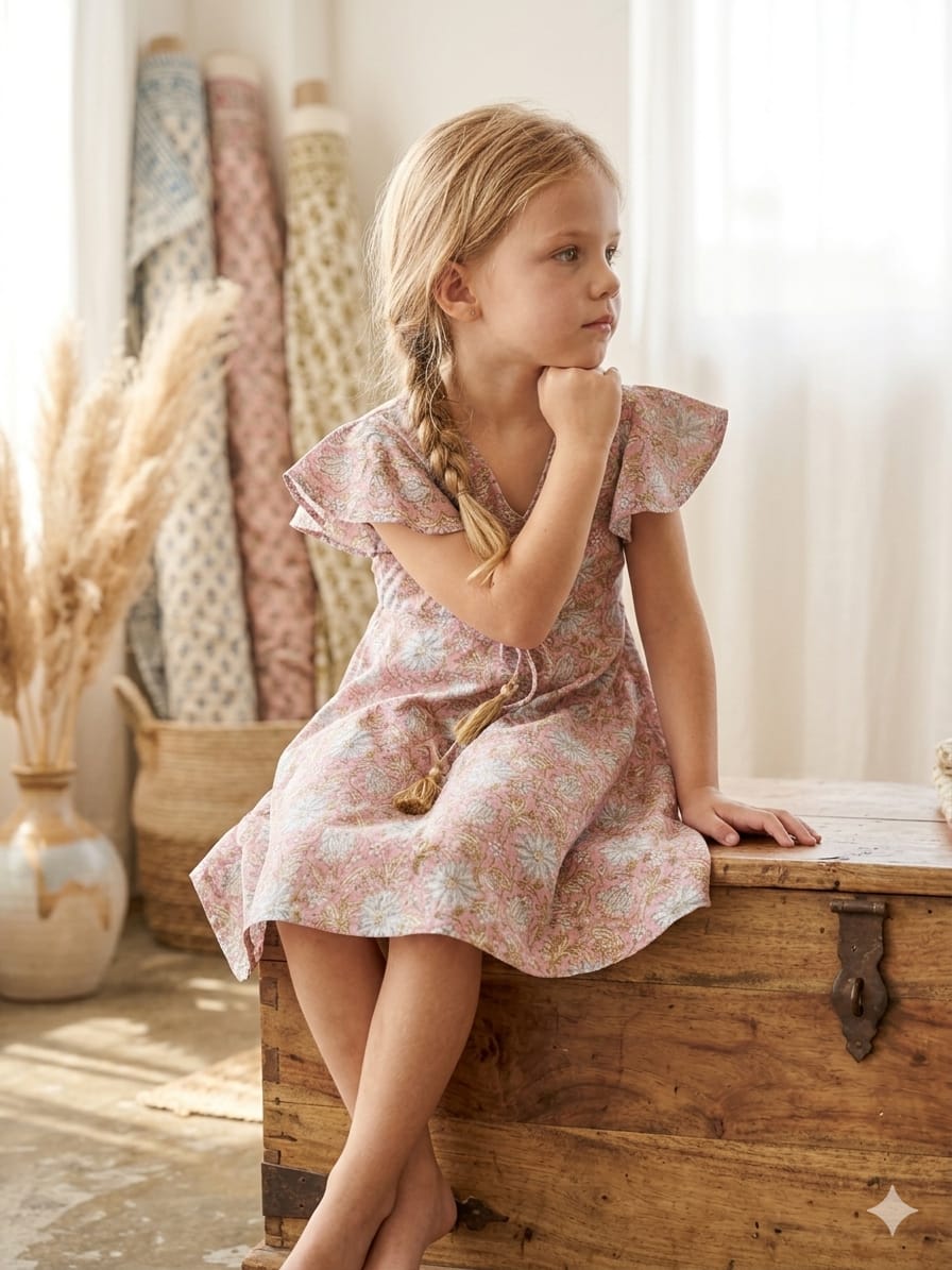 Baby Girls Pink Jaal Printed Chanderi Umbrella Style A-Line Dress with Flutter Sleeves