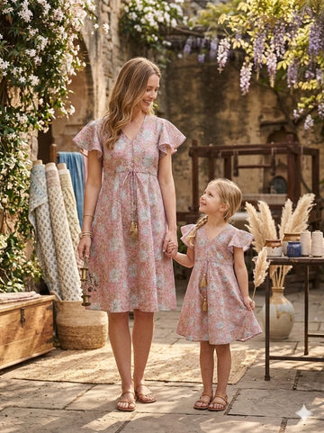 Mom & Me Pink Jaal Printed Chanderi Umbrella Style A-Line Dress with Drawstring Waist