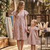Mom & Me Pink Jaal Printed Chanderi Umbrella Style A-Line Dress with Drawstring Waist