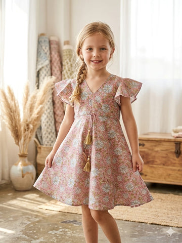Baby Girls Pink Jaal Printed Chanderi Umbrella Style A-Line Dress with Flutter Sleeves