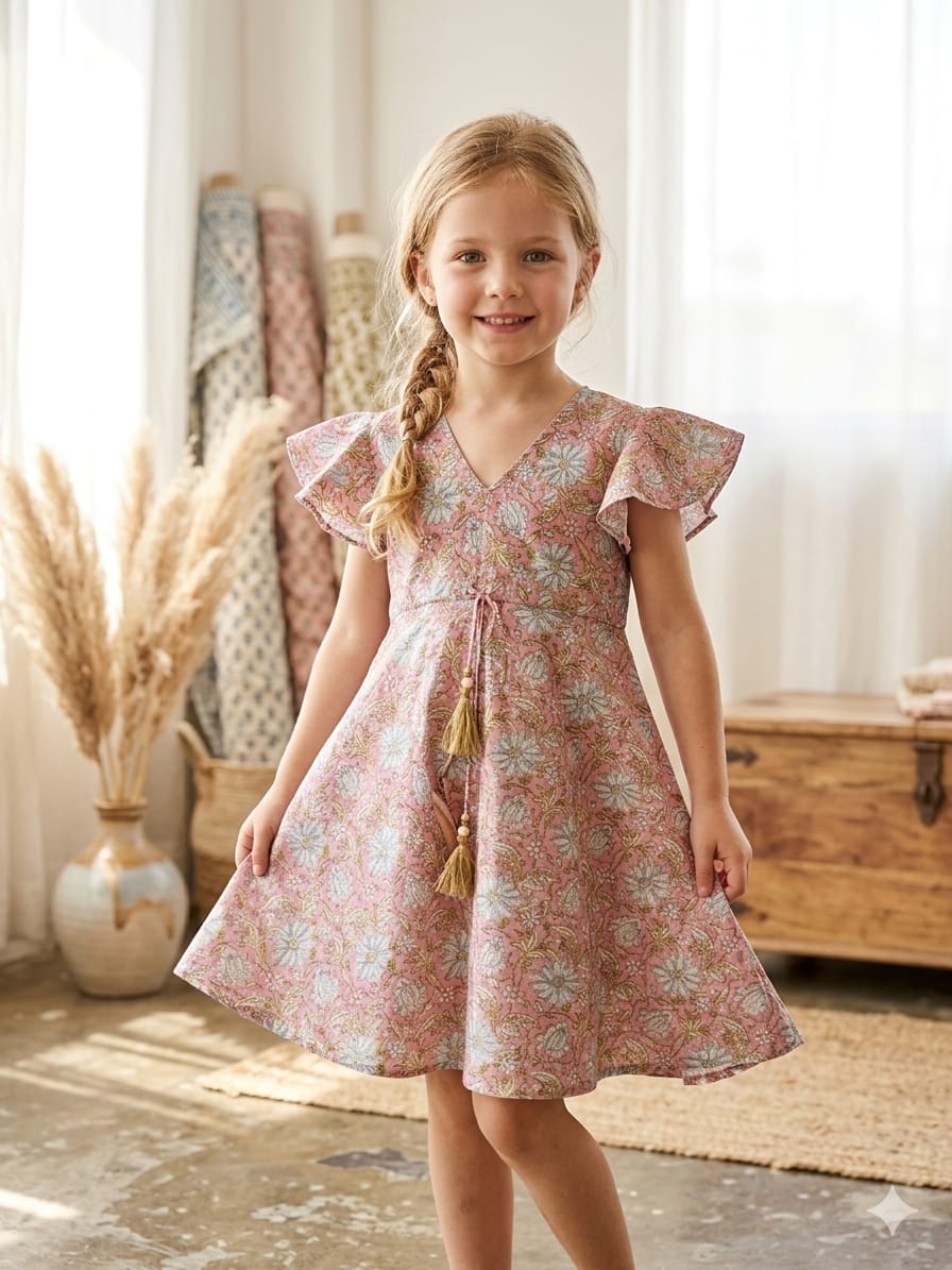 Mom & Me Pink Jaal Printed Chanderi Umbrella Style A-Line Dress with Drawstring Waist