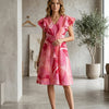 Women’s Pink Leaf Printed Cotton Umbrella Style A-Line Dress with Drawstring Waist