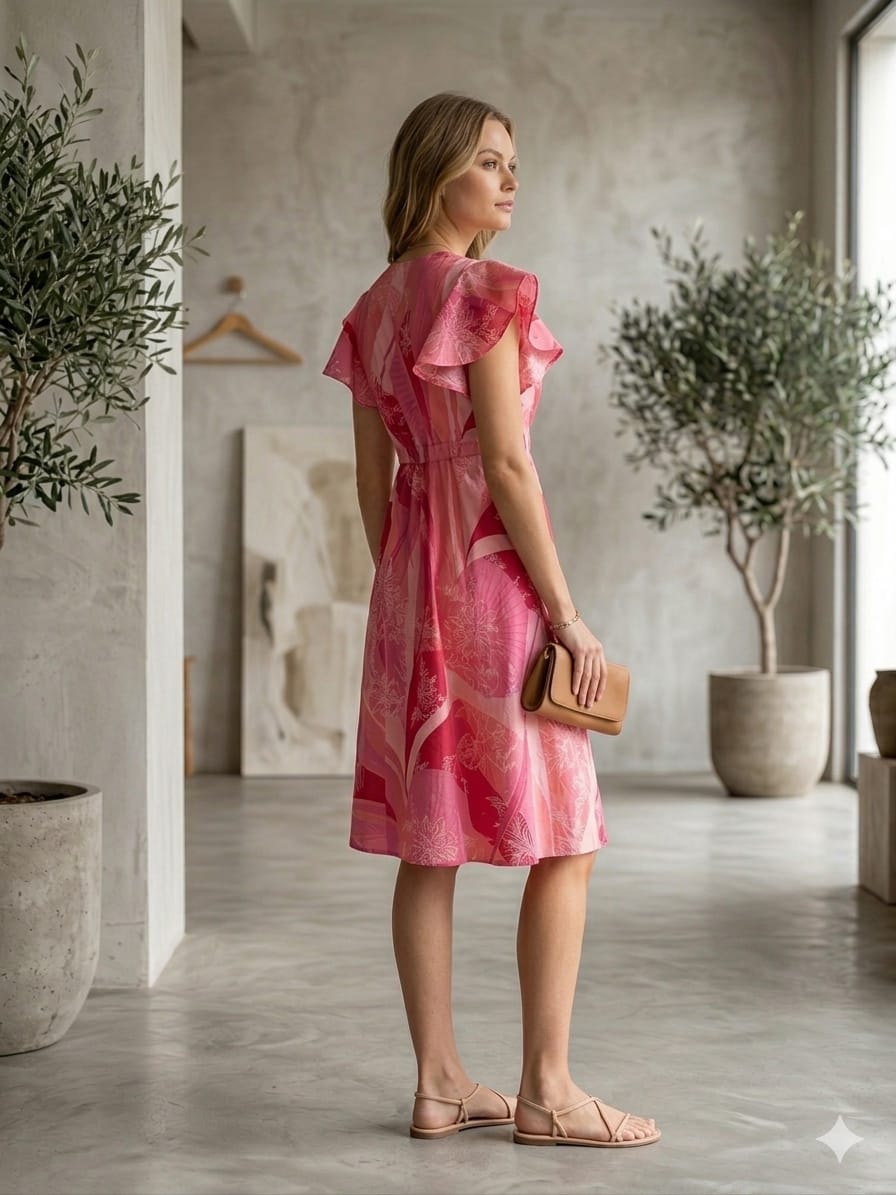 Women’s Pink Leaf Printed Cotton Umbrella Style A-Line Dress with Drawstring Waist