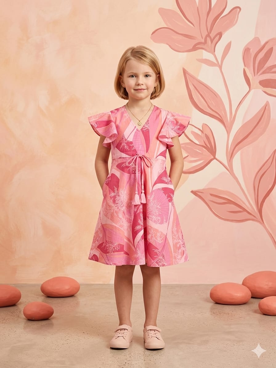 Baby Girls Pink Leaf Printed Cotton Umbrella Style A-Line Dress with Flutter Sleeves
