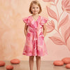 Baby Girls Pink Leaf Printed Cotton Umbrella Style A-Line Dress with Flutter Sleeves