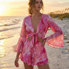 Women’s Pink Leaf Printed Cotton Beach Wear Set with Tie-Up Top & Shorts