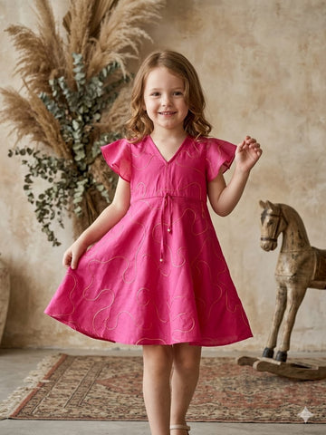 Baby Girls Pink Rayon Umbrella Style A-Line Dress with Drawstring Waist