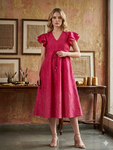 Women’s Pink Rayon Umbrella Style A-Line Dress with Drawstring Waist