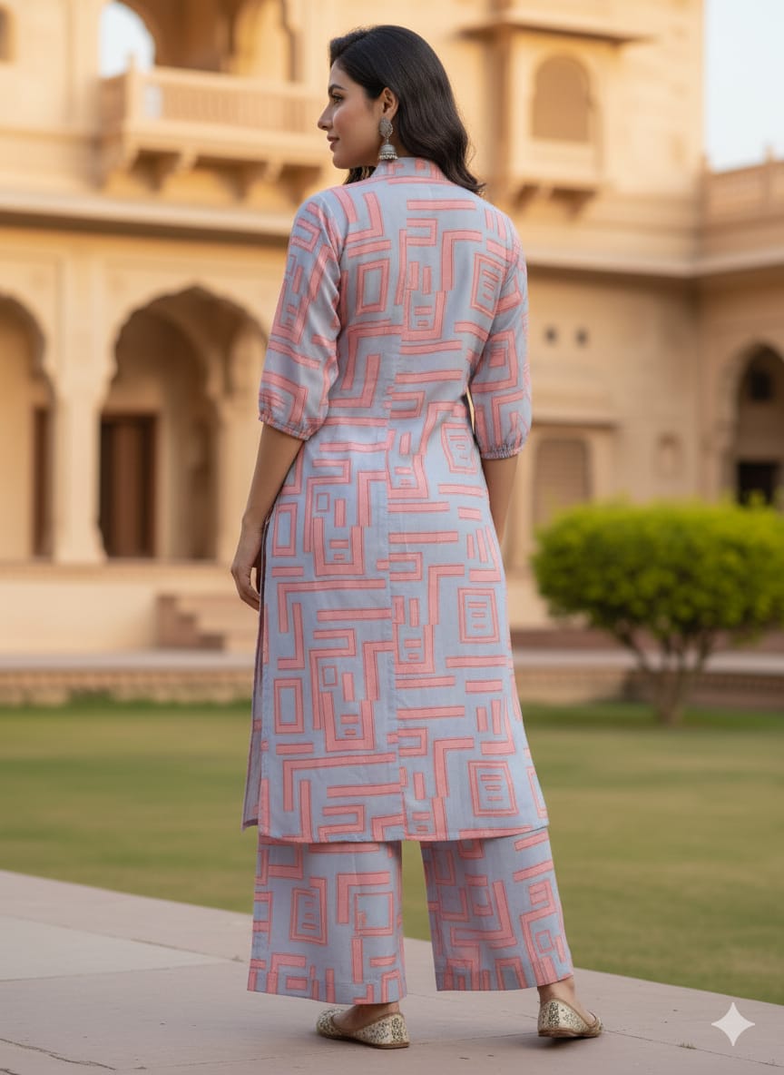 Women’s Pink Abstract Printed Rayon Kurta Set with Straight Pants