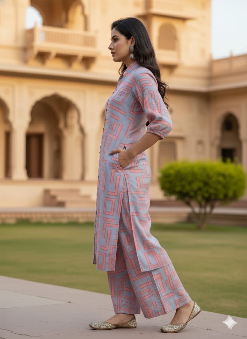 Women’s Pink Abstract Printed Rayon Kurta Set with Straight Pants