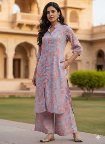 Women’s Pink Abstract Printed Rayon Kurta Set with Straight Pants