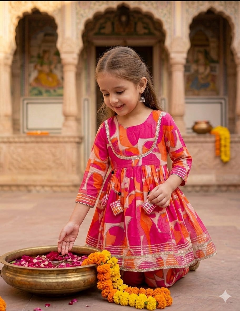 Mom & Daughter Pink Abstract Print Rayon Anarkali Kurta Set