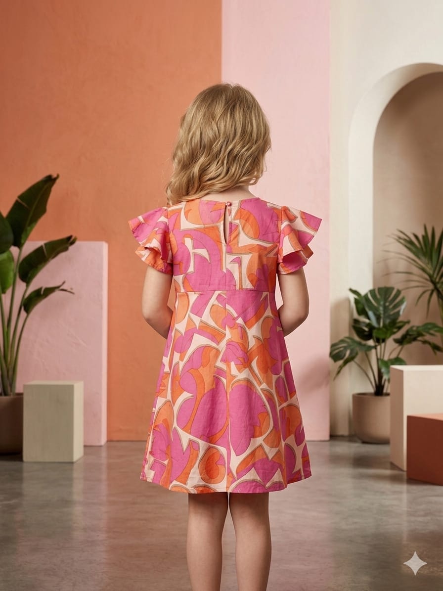 Mom & Me Pink Abstract Printed Rayon Umbrella Style A-Line Dress with Drawstring Waist