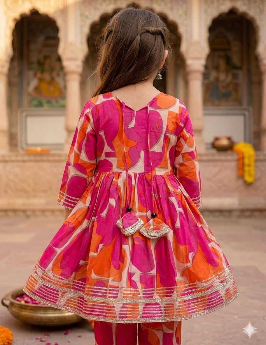 Baby Girl Pink Abstract Print Rayon Anarkali Kurta Set