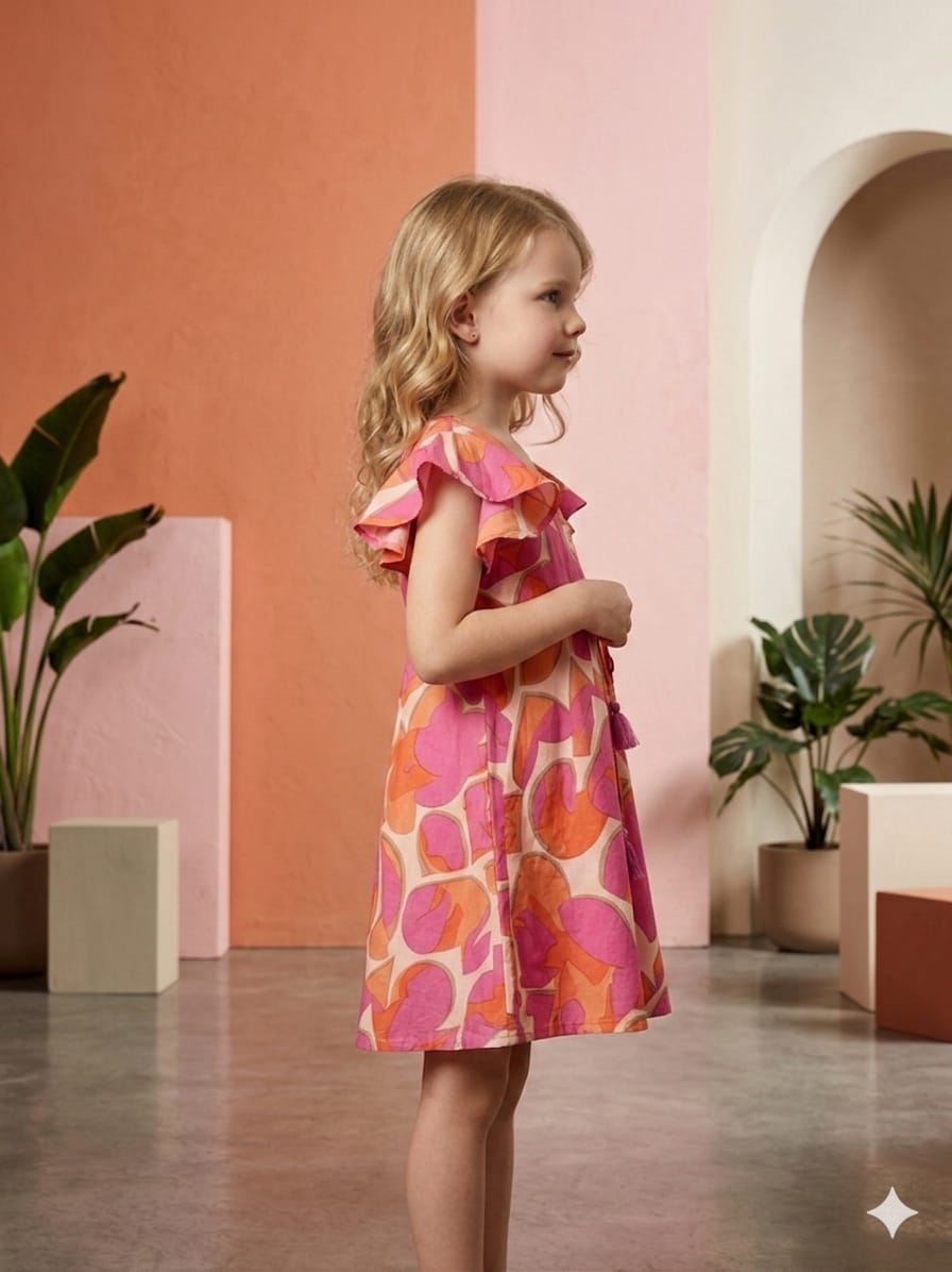 Mom & Me Pink Abstract Printed Rayon Umbrella Style A-Line Dress with Drawstring Waist