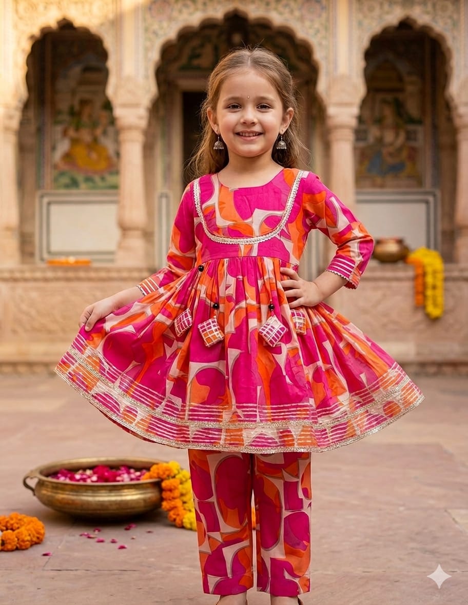 Mom & Daughter Pink Abstract Print Rayon Anarkali Kurta Set