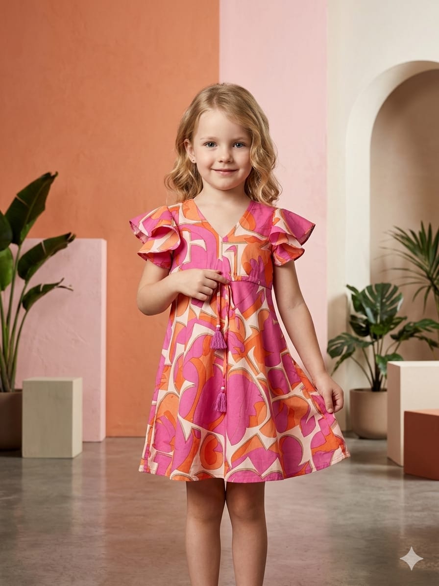 Mom & Me Pink Abstract Printed Rayon Umbrella Style A-Line Dress with Drawstring Waist