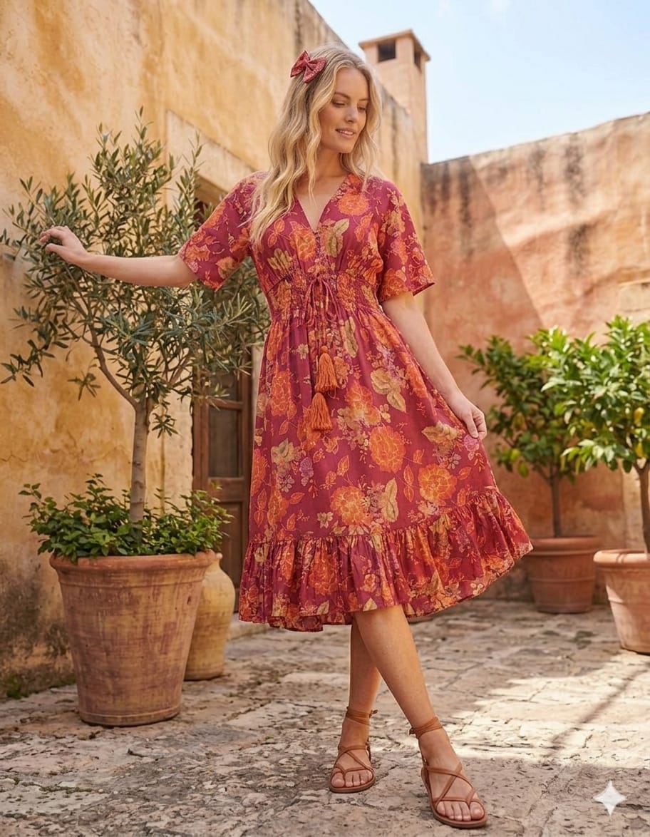 Mom & Me Pink Floral Printed Cotton Kaftan A-Line Dress