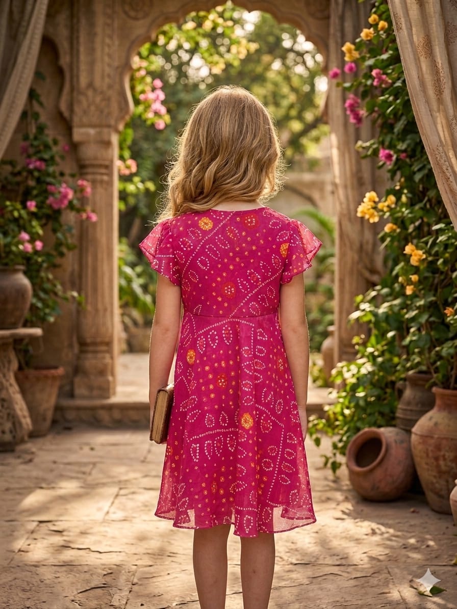 Baby Girls Pink Bandhej Printed Georgette Umbrella Style A-Line Dress with Flutter Sleeves