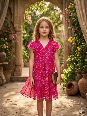 Baby Girls Pink Bandhej Printed Georgette Umbrella Style A-Line Dress with Flutter Sleeves