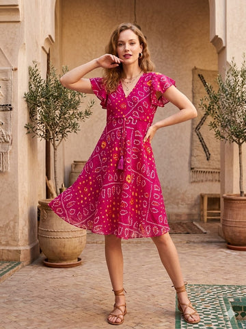 Women’s Pink Bandhej Printed Georgette Umbrella Style A-Line Dress with Drawstring Waist