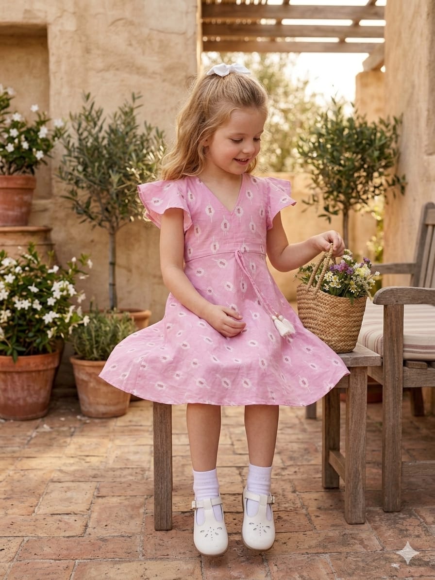 Baby Girls Pink Boota Printed Chanderi Umbrella Style A-Line Dress with Flutter Sleeves