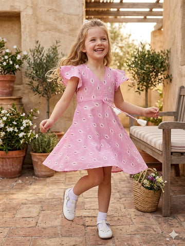 Baby Girls Pink Boota Printed Chanderi Umbrella Style A-Line Dress with Flutter Sleeves