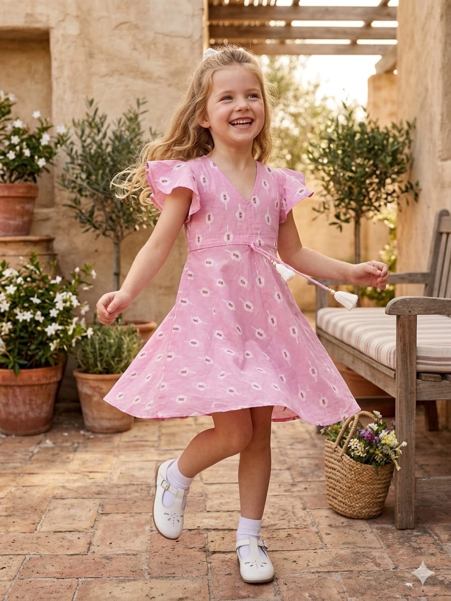 Mom & Me Pink Boota Printed Chanderi Umbrella Style A-Line Dress with Drawstring Waist
