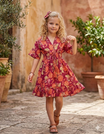Baby Girls Dark Pink Floral Printed Cotton Kaftan A-Line Dress