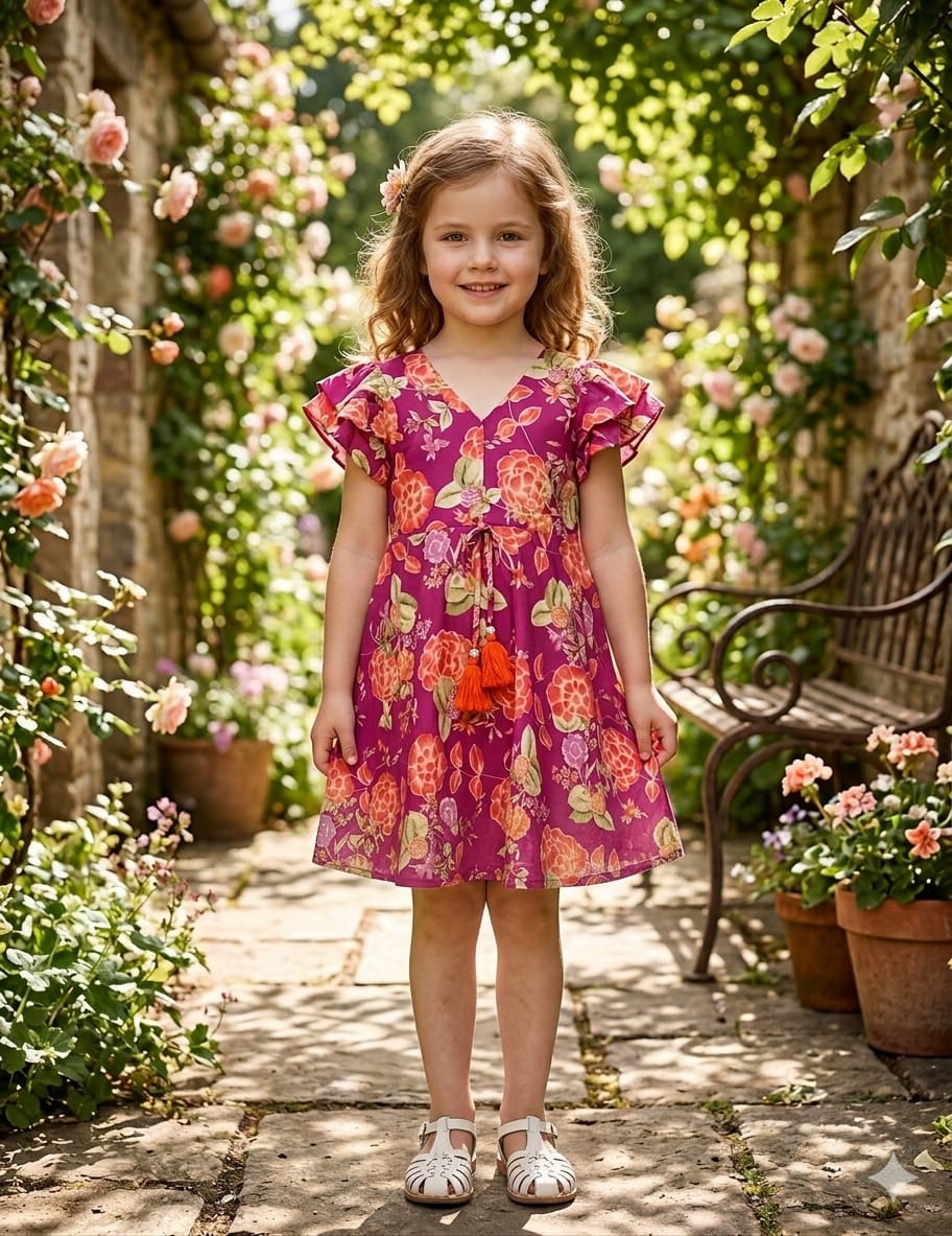 Baby Girls Dark Pink Floral Printed Cotton Umbrella Style A-Line Dress with Flutter Sleeves