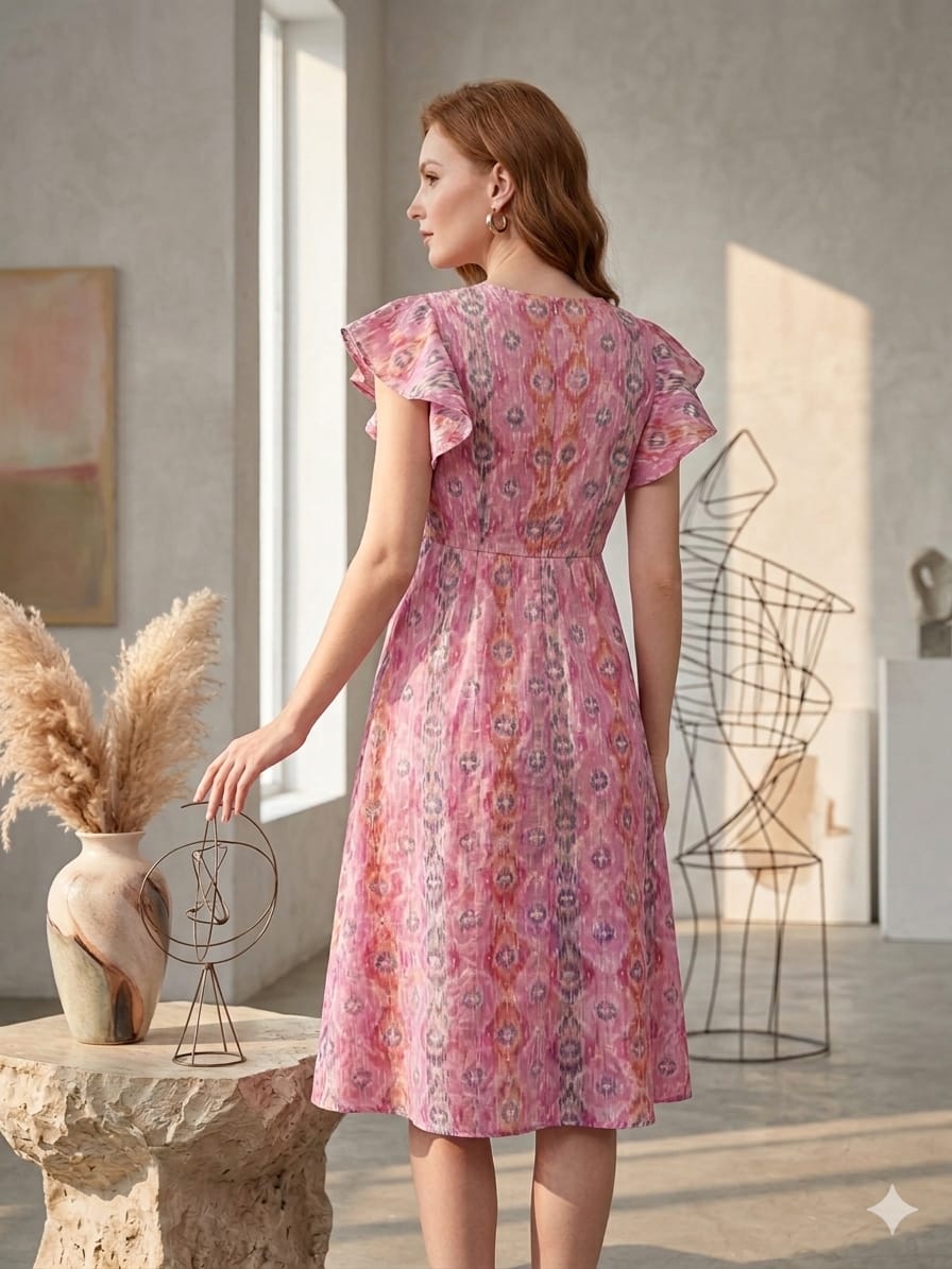 Women’s Pink Ikkat Printed Chanderi Umbrella Style A-Line Dress with Drawstring Waist