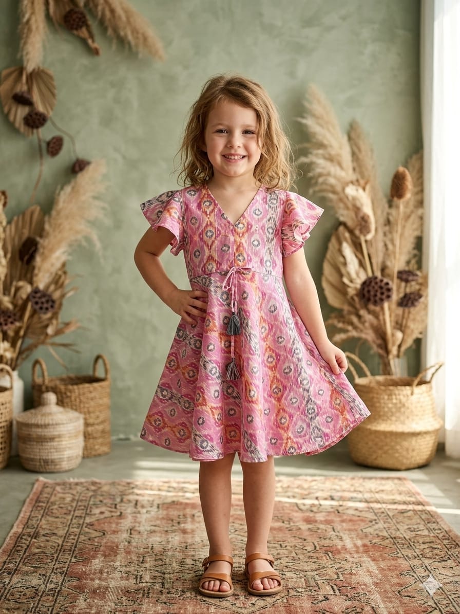 Mom & Me Pink Ikkat Printed Chanderi Umbrella Style A-Line Dress with Drawstring Waist