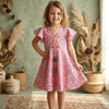 Baby Girls Pink Ikkat Printed Chanderi Umbrella Style A-Line Dress with Flutter Sleeves