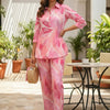 Women’s Pink Tropical Leaf Printed Cotton Shirt & Pant Co-Ord Set