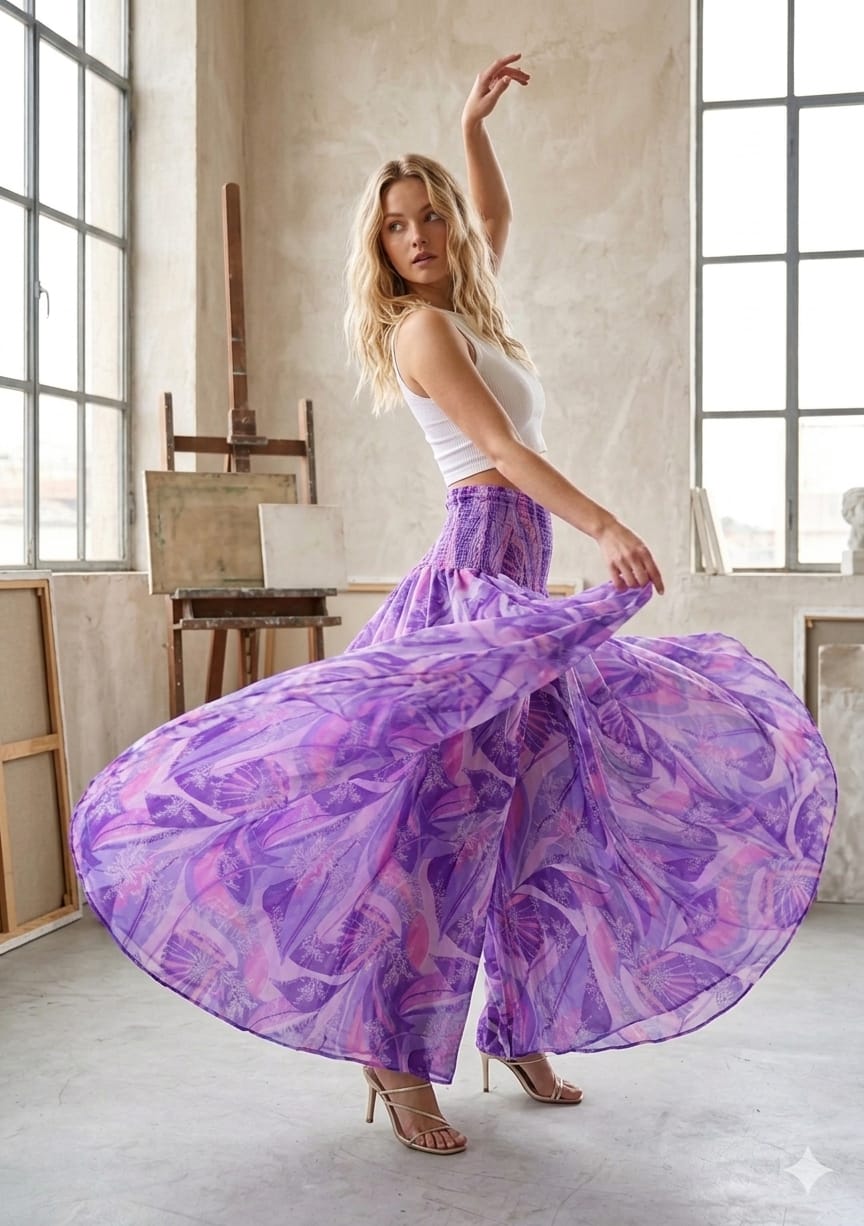 Elegant Purple Abstract Printed Cotton Flared Palazzo Pants with Smocked Waist