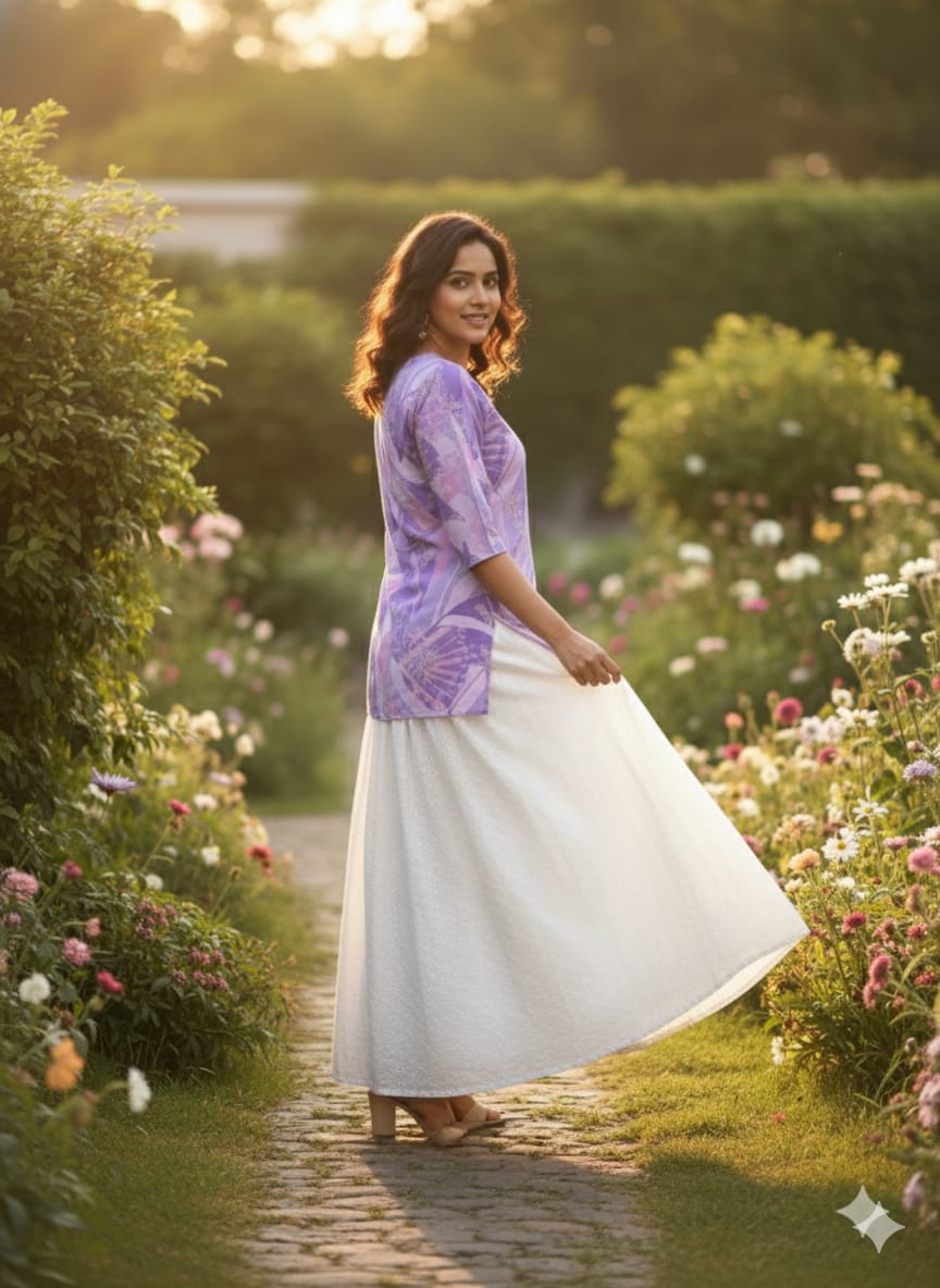 Women’s Purple Abstract Printed Cotton Kurta with Chikankari Flared Skirt Set
