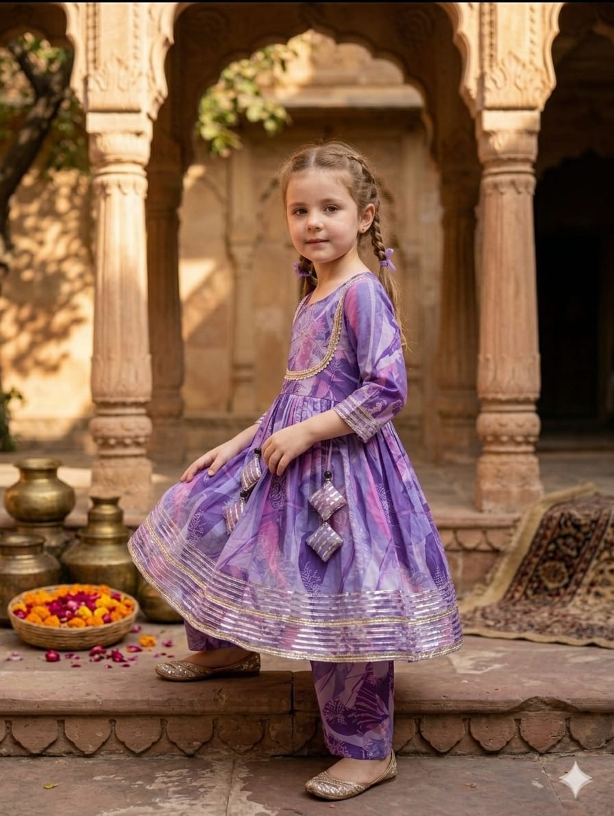 Baby Girl Purple Abstract Print Cotton Anarkali Kurta Set