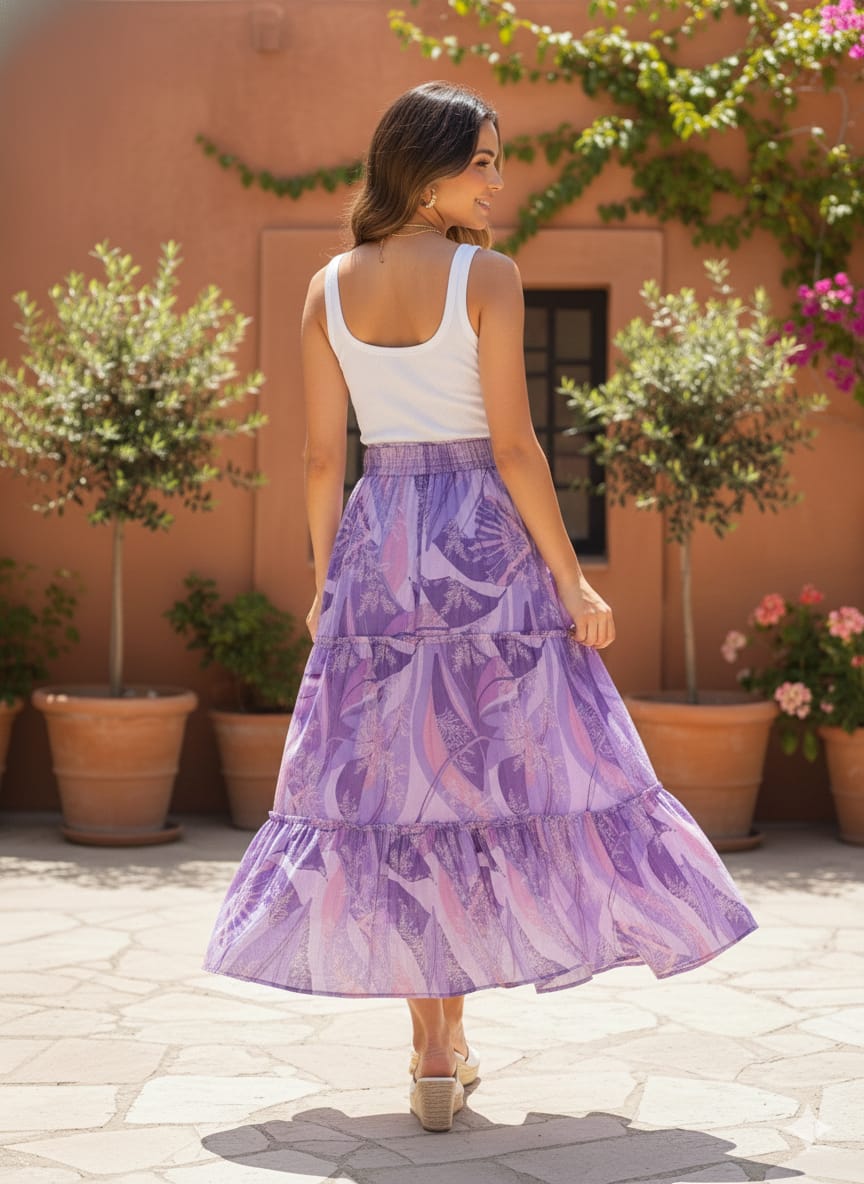 Women’s Purple Abstract Printed Cotton Tiered Skirt