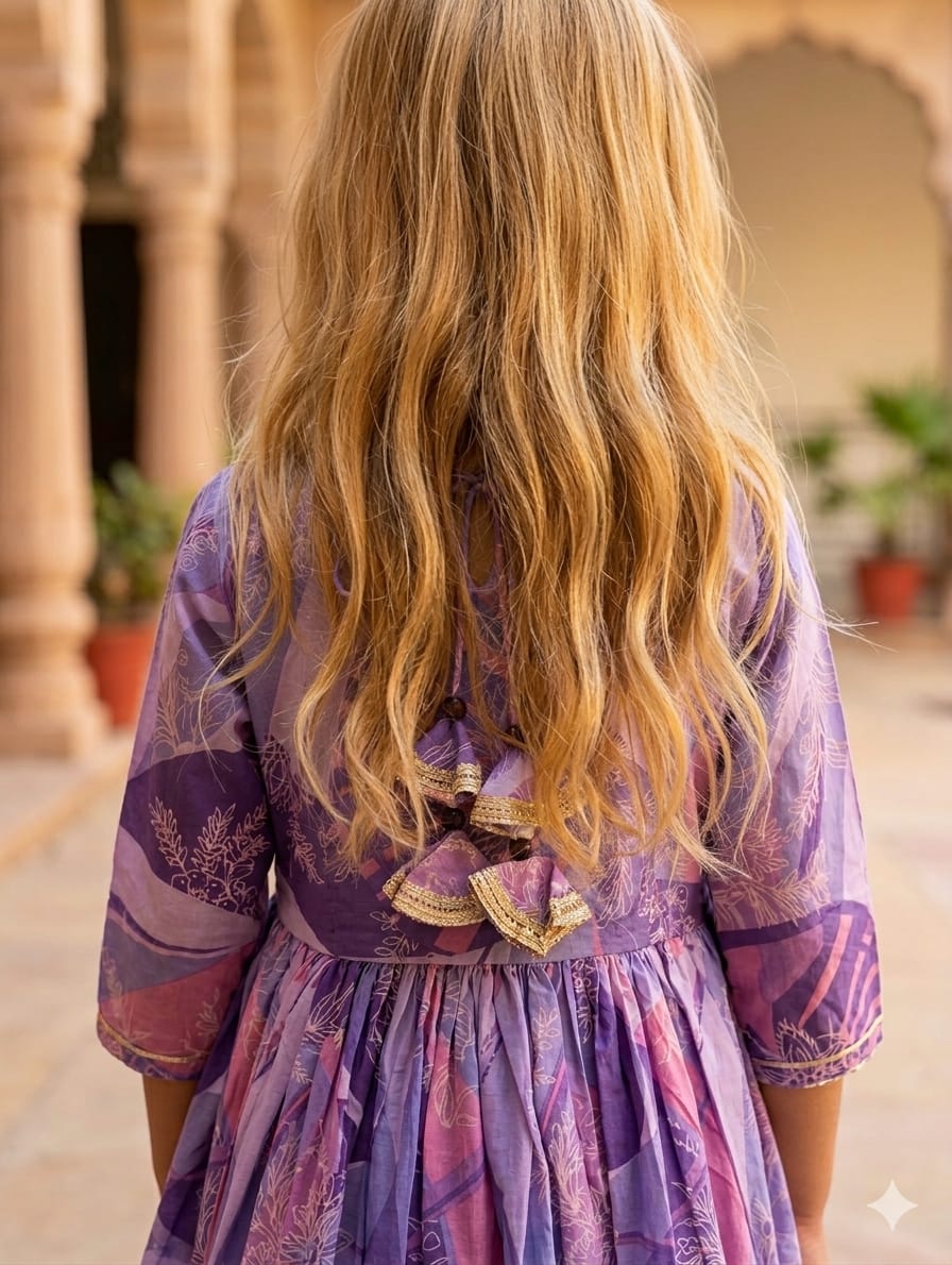 Baby Girl Purple Abstract Print Cotton Anarkali Kurta Set