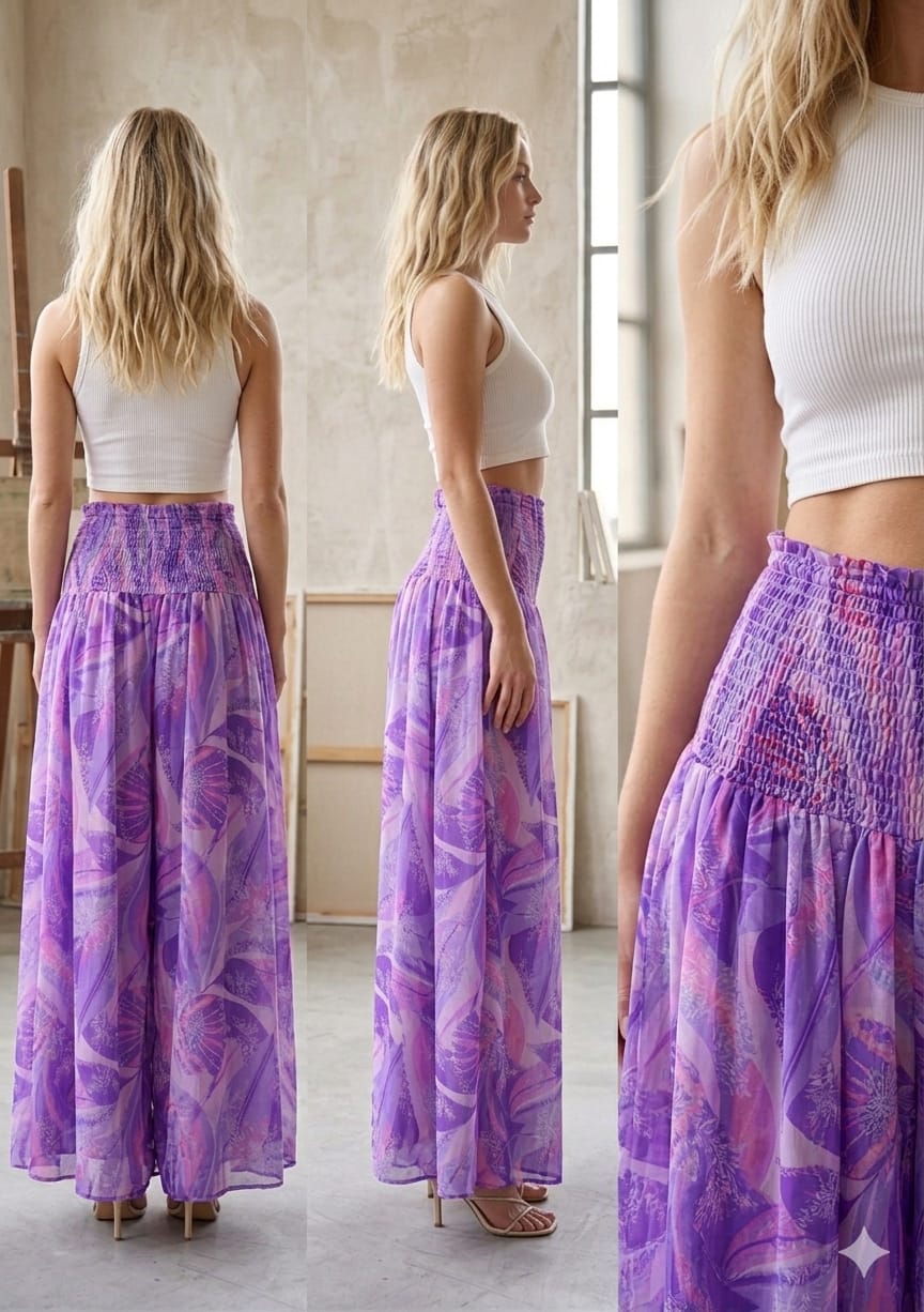 Elegant Purple Abstract Printed Cotton Flared Palazzo Pants with Smocked Waist