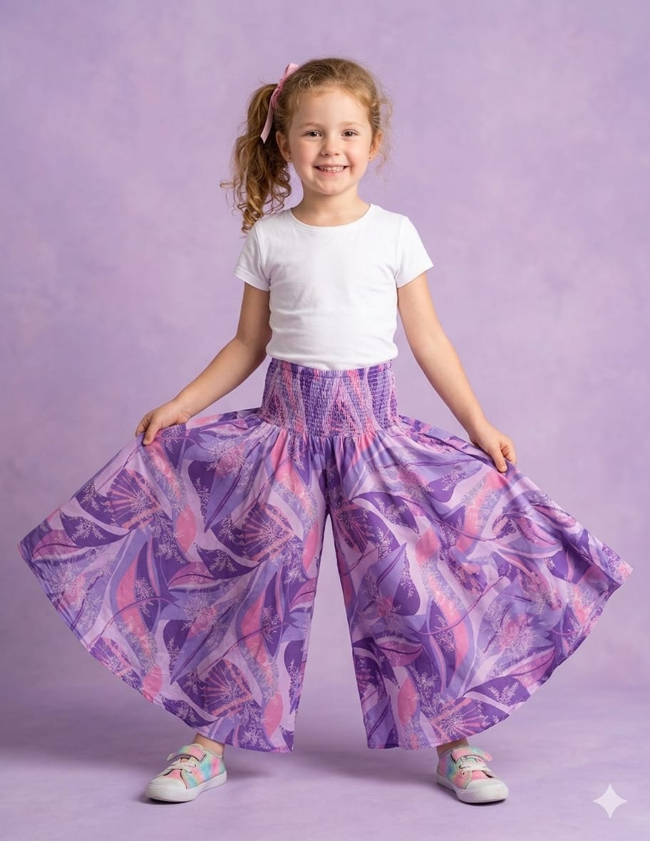 Baby Girl Purple Abstract Printed Cotton Flared Palazzo Pants with Smocked Waist