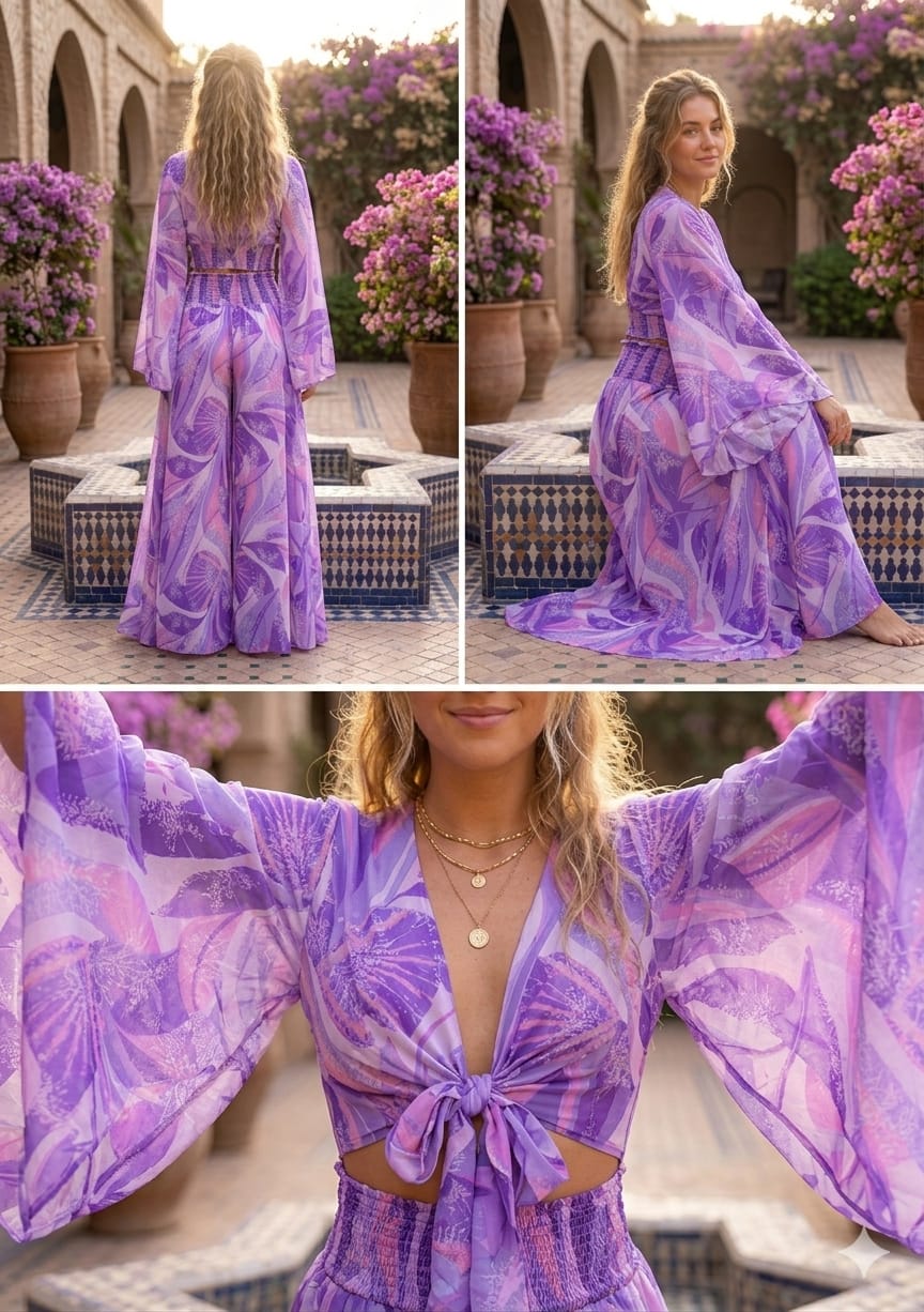 Women’s Purple Abstract Printed Cotton Tie-Front Crop Top & Flared Palazzo Pant Co-ord Set