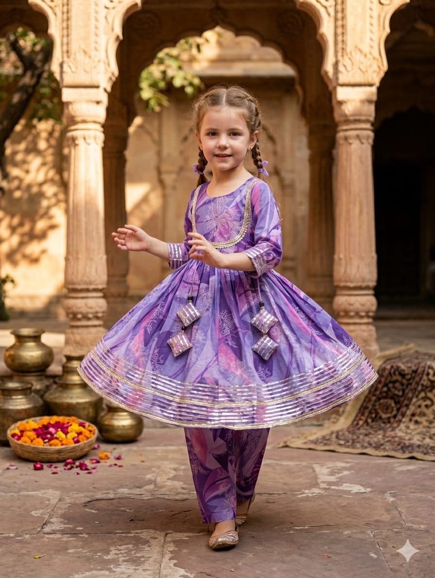 Baby Girl Purple Abstract Print Cotton Anarkali Kurta Set