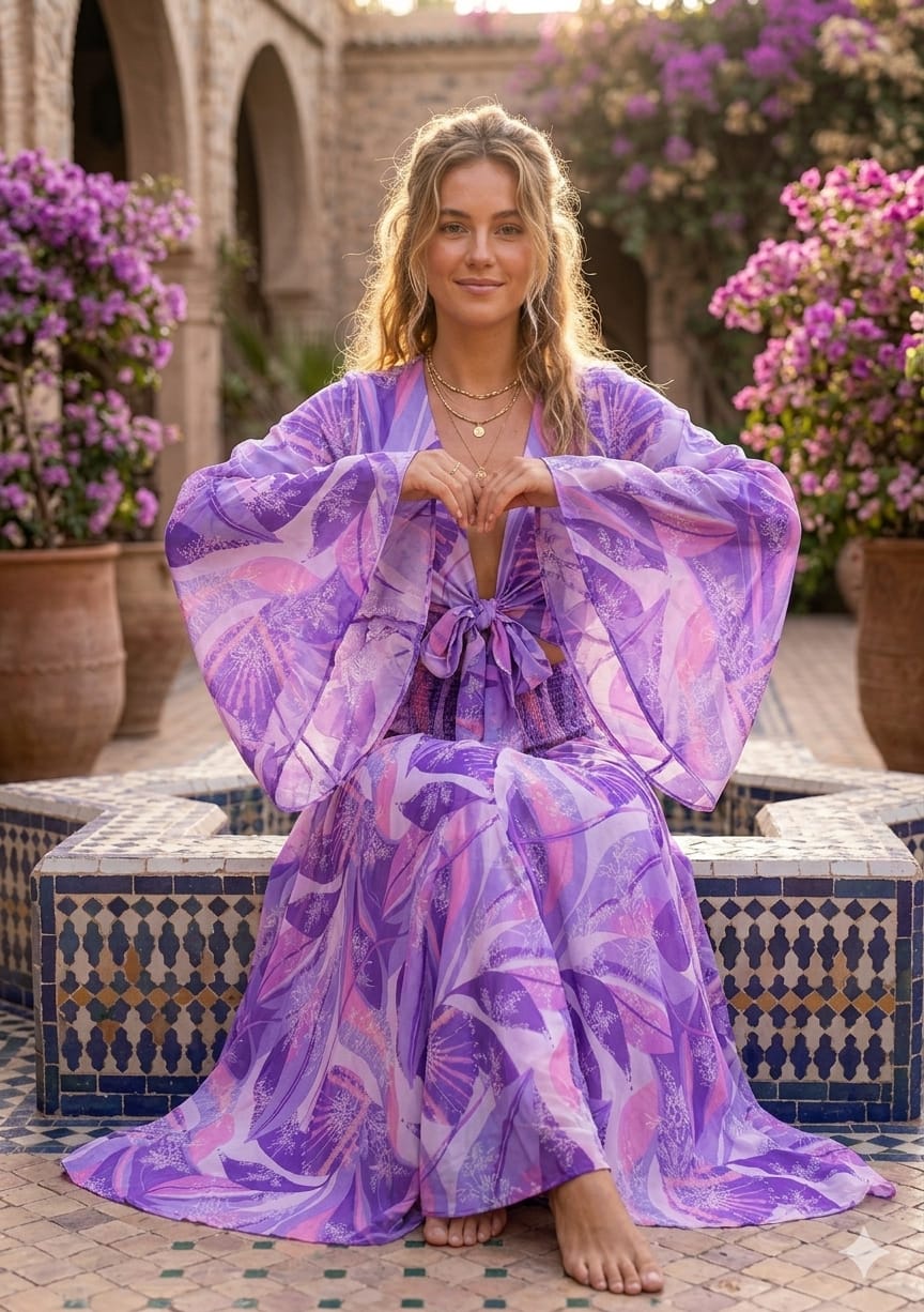 Women’s Purple Abstract Printed Cotton Tie-Front Crop Top & Flared Palazzo Pant Co-ord Set