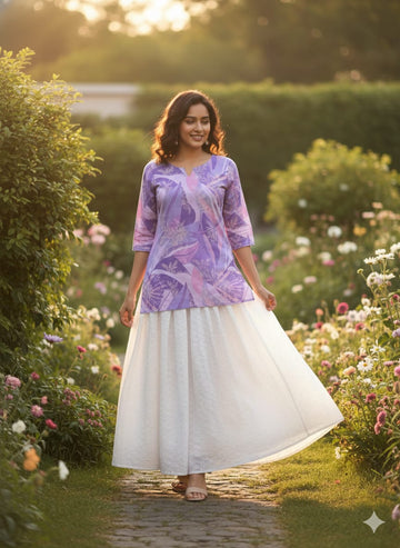 Women’s Purple Abstract Printed Cotton Kurta with Chikankari Flared Skirt Set