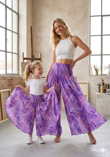 Mom & Daughter Purple Abstract Printed Cotton Flared Palazzo Pants with Smocked Waist