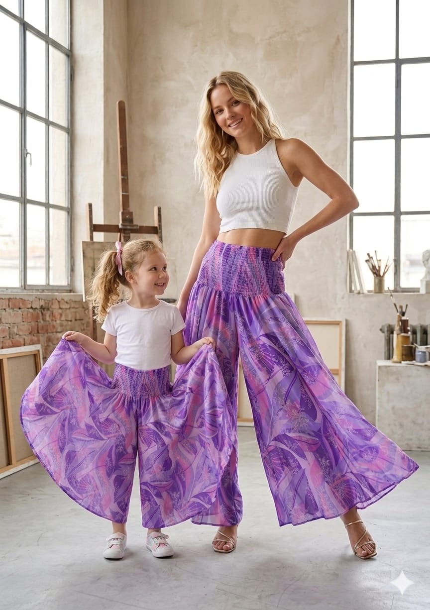 Mom & Daughter Purple Abstract Printed Cotton Flared Palazzo Pants with Smocked Waist