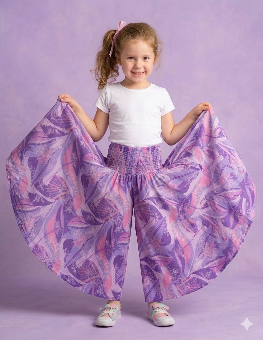 Baby Girl Purple Abstract Printed Cotton Flared Palazzo Pants with Smocked Waist